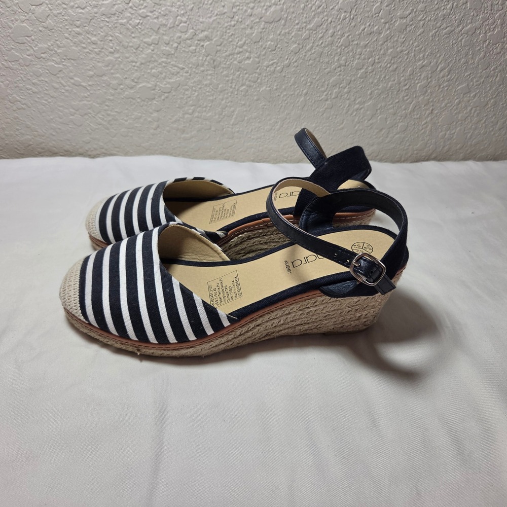 Esmara Navy Blue White Striped Espadrille Wedge Sandals Ankle Strap 8.5 403401